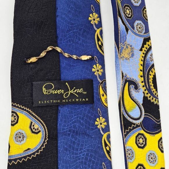 POWER LINE ELECTRIC NECKWEAR SILK TIE BLUE YELLOW PAISLEY VIBRANT SATIN 3.75" X - Picture 3 of 3